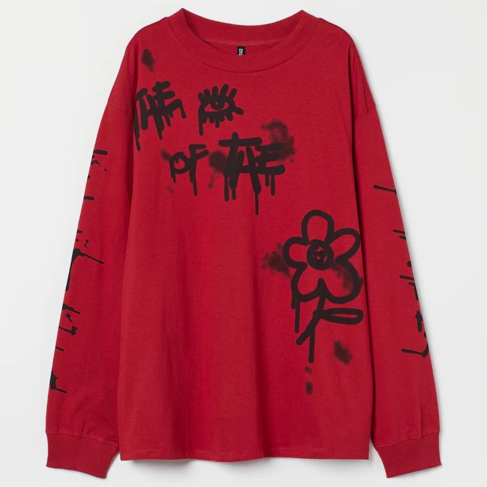 H&M Red Long Sleeve Tee with Black Graphics